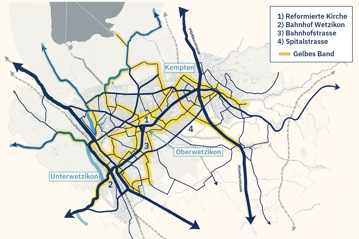 Das «Gelbe Band» in Wetzikon soll die Situation für Velofahrende verbessern. Man sieht eine Karte von Wetzikon.
